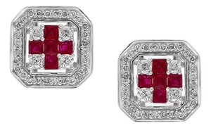 Princess Cut Natural Ruby and Diamond Stud Post Earrings 14 Karat White Gold