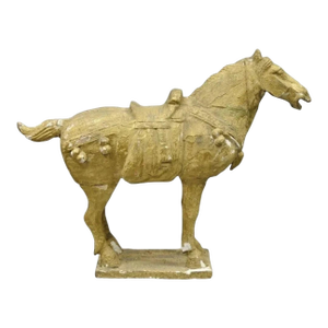 Late 20th Century Chinese Polychrome Wooden Carved Wood Tang Style 31" Horse Sculpture Figure