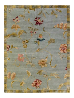 Modern Tibetan Handmade Lyndhurst Floral Pattern Gray Wool and Silk Rug