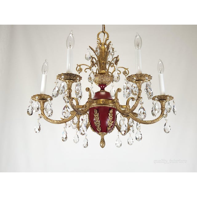 Metal Antique 6 Light Shimmering Oxblood Empire Brass Cut Lead Crystal Chandelier ~ Rewired ~ Restored ~ Rejuvenated ~ Ready to Hang ~ For Sale - Image 7 of 12
