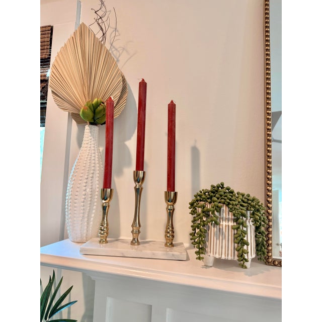 Hollywood Regency Brass Three-Candle Candelabra on White Marble Base For Sale - Image 9 of 11