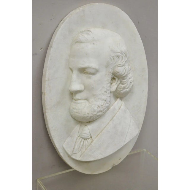 Antique Oval Marble Relief Carved 20" French Bust of Bearded Gentleman. Item features ornate detailed carving throughout,...