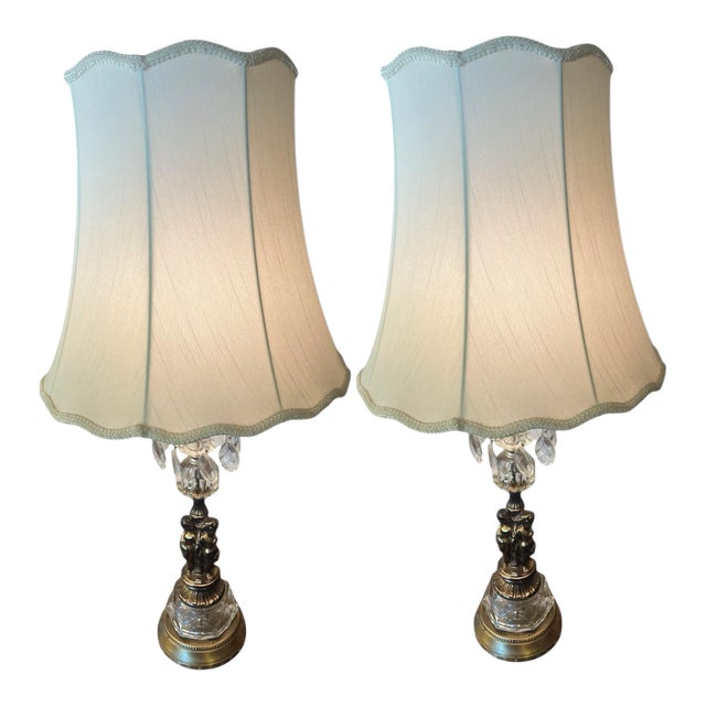 Pair of Vintage 1950s Hollywood Regency Italian Rococo Revival Cherub Lamps – Brass & Crystal For Sale