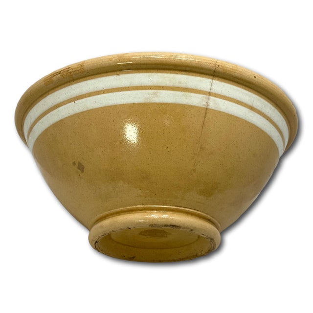 Antique Large Thick & Heavy 15 Inch Size Double Cream Banded Yellow Ware Kitchen Mixing Bowl Circa Mid 1800s For Sale - Image 13 of 18