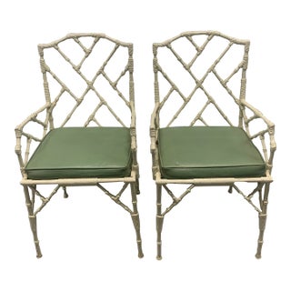 Vintage Pair of 1960’s Faux Bamboo Chippendale Style Metal Garden Chairs For Sale