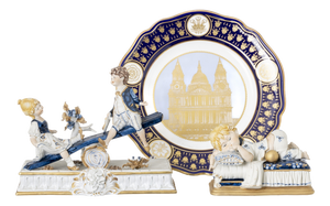 Commemorative Plate and Two Sculptural Groups in Porcelain, Set of 3