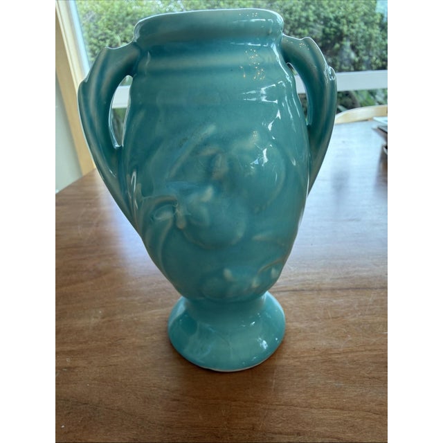 Mid 20th Century Vintage McCoy Turquoise Pottery Vase 6 Inch Double Handle Amphora Floral Relief For Sale - Image 5 of 6
