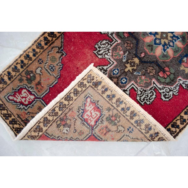 Red 1970s Hand Made Oushak Mat Rug Distressed Small Rug Kitchen Mat Organic Wool - 1'7" X 3'4" For Sale - Image 8 of 13