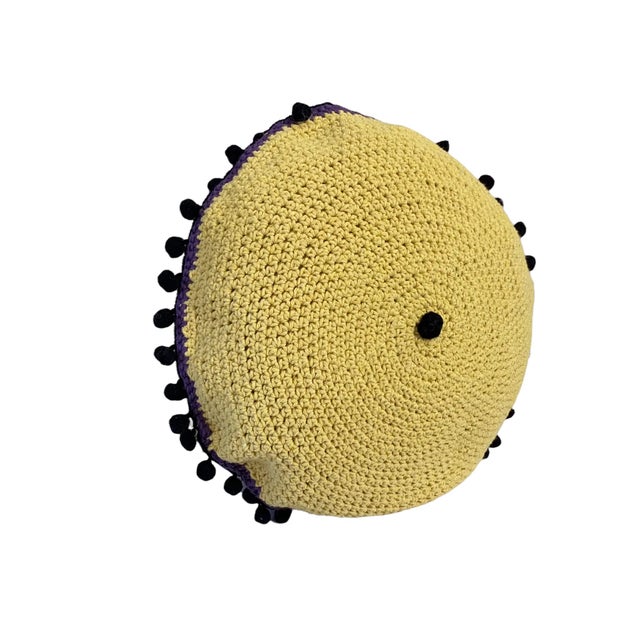 2000 - 2009 Handmade Round Purple and Yellow Crochet Pillow With Tassels For Sale - Image 5 of 8