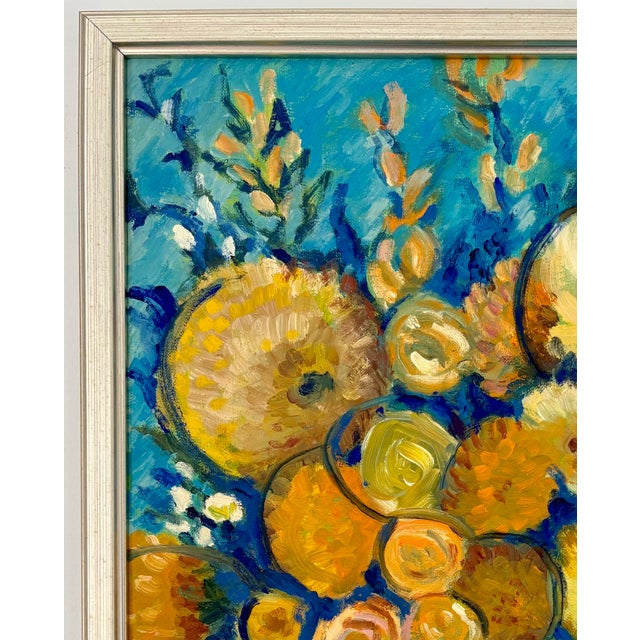 Expressive impressionistic floral still life painted in thick impasto strokes of deep blues and navy with gold, rust and...