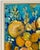 Expressive impressionistic floral still life painted in thick impasto strokes of deep blues and navy with gold, rust and...