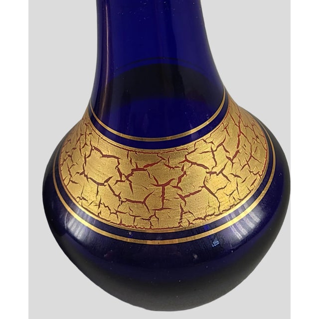 Mid-Century Modern Vintage Barth-Mann Pair Crystal Art Deco Blue Glass Crackle Gold Vases Germany For Sale - Image 3 of 5