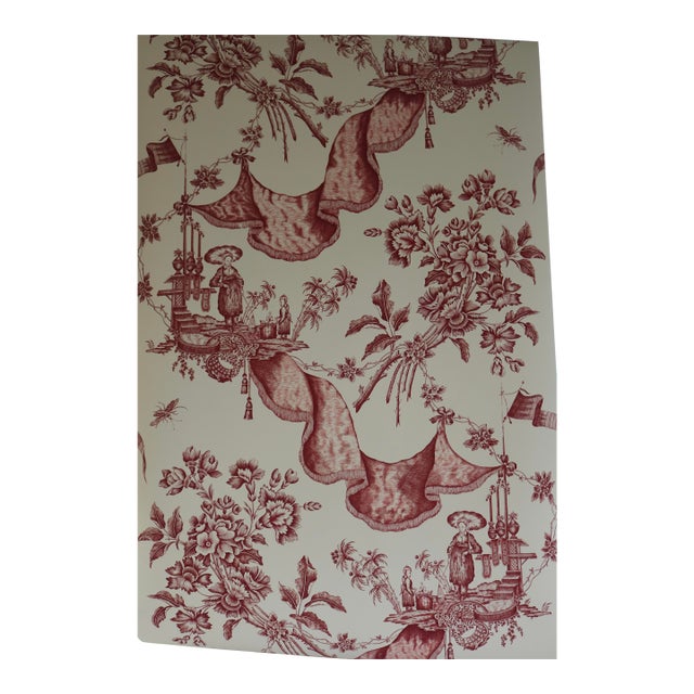 Schumacher Wallpaper Chinoiserie Toile Red on Antique Ivory For Sale