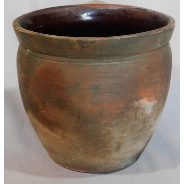 Ceramic Antique Redware Storage Crock Bean Pot Glazed 18th 19th C. Pennsylvania Oval Primitive Incised Strap Handle Cooking Storage For Sale - Image 7 of 8