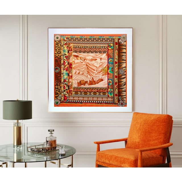 This is an authentic and framed silk scarf by Hermès. Designed by artist Aline Honoré in 2009, this scarf pays homage to...
