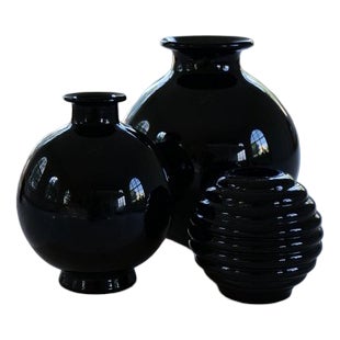 Art Deco Black Vases by Harald Notini for Pukeberg, Sweden 1930s, Set of 3 For Sale