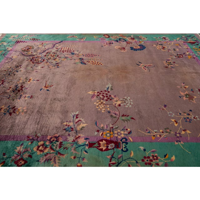 1920s Antique Chinese Art Deco Rug - Plum & Jade Green Floral Wool 9x12 For Sale - Image 5 of 12