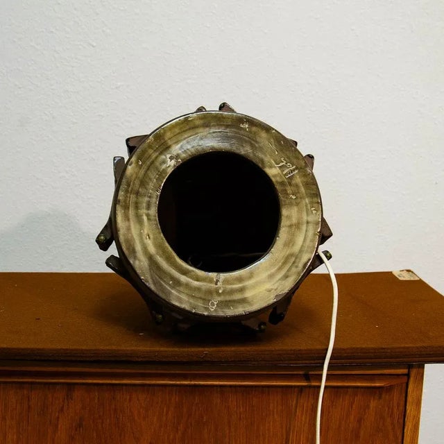 Mid Century Modern Ceramic Table Lamp Gold and Brown Vintage Danish Lamp Shade For Sale - Image 4 of 12