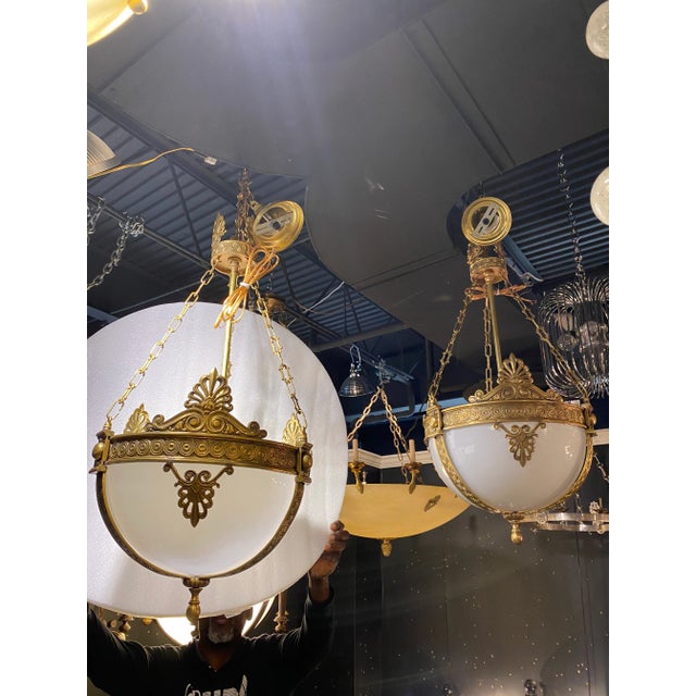 American Opaline Glass Bronze Chandelier Light Fixtures For Sale - Image 3 of 5