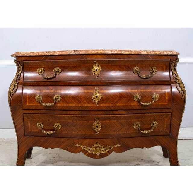 Stone French Louis XV Style Marble Top Bronze Mounted Commode Chest For Sale - Image 7 of 18