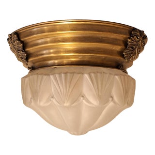 Flat Antique Art Deco German Ceiling Lamp with Original Frosted Segmented Glass Shade in Brass Mounting with Bronze Applications, 1920s For Sale