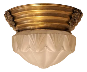 Flat Antique Art Deco German Ceiling Lamp with Original Frosted Segmented Glass Shade in Brass Mounting with Bronze Applications, 1920s