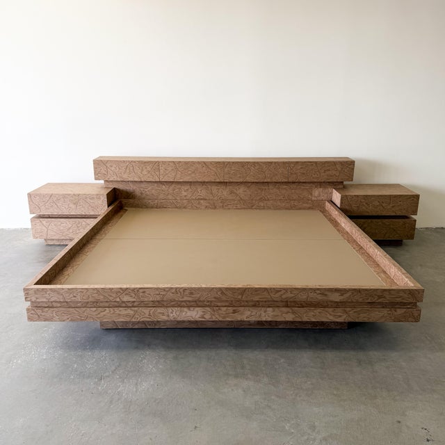 A rare vintage 1980s Postmodern king platform bed with integrated nightstands, professionally restored in ALPI Agreste...