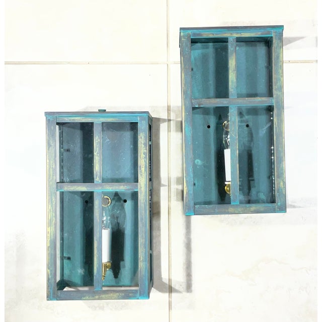 Exquisite Vintage Verdigris Brass Wall Lanterns / Sconces – Pair For Sale - Image 15 of 17