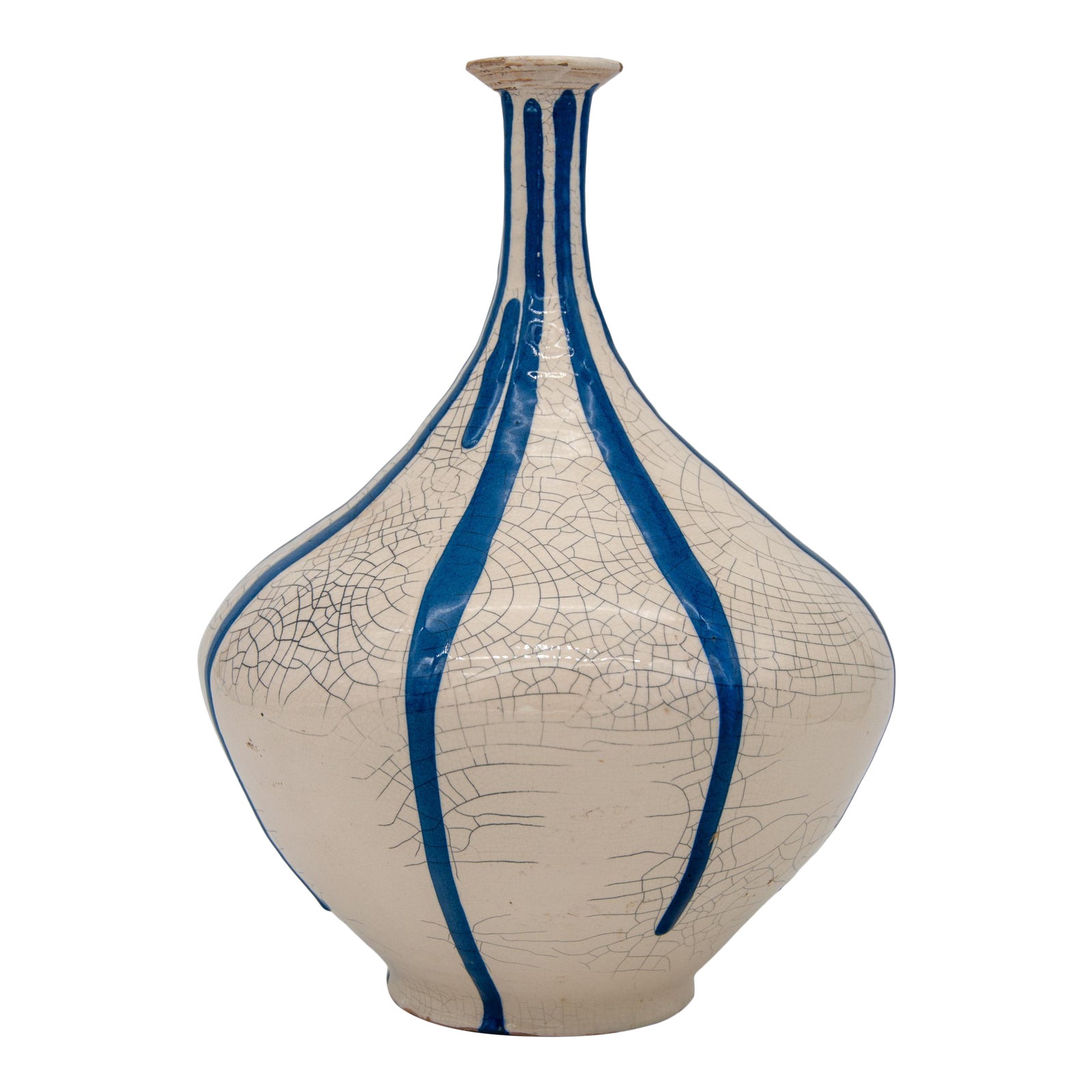 1980s Blue and White Stripe Pottery Vase Chairish