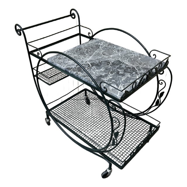 Mid Century Wrought Iron Marble Top Patio Serving Cart in the Salterini Style. Circa 1960s For Sale