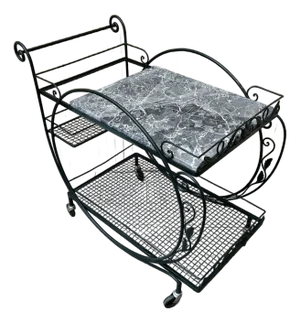 Mid Century Wrought Iron Marble Top Patio Serving Cart in the Salterini Style. Circa 1960s.