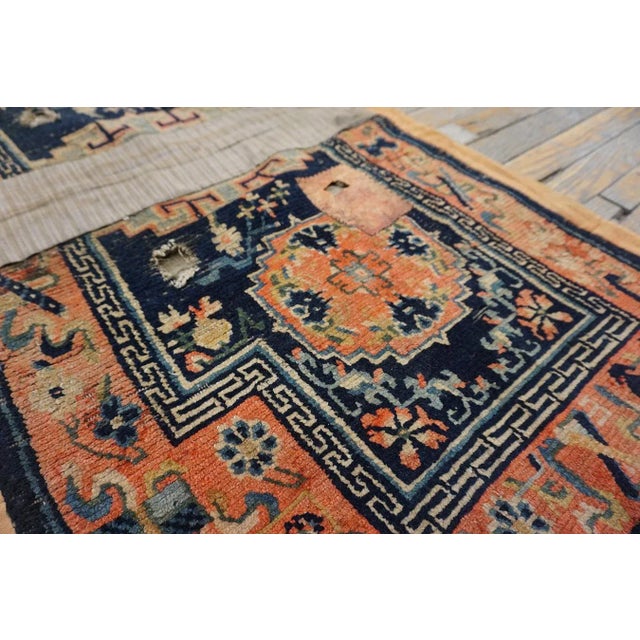 1930s 1930s Blue Orange Geometric Qing Antique Chinese Horse Cover Rug 2'2" X 4'4" Knotted Wool Carpet For Sale - Image 5 of 6
