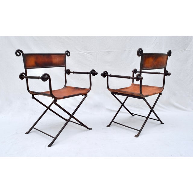 A Pair of Italian Savonarola Iron & Leather Campaign Chairs For Sale - Image 9 of 12