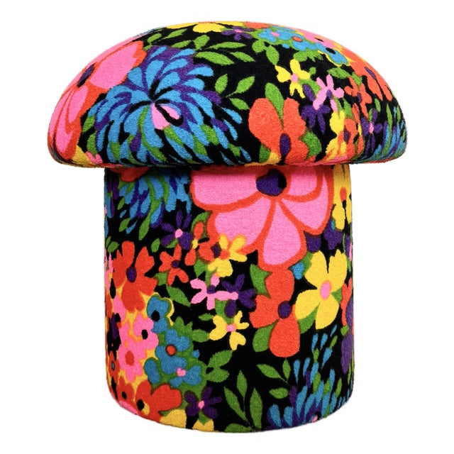 Mushroom Ottoman in Colorful Floral Mid Century Vintage Fabric For Sale