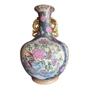 Large Early 20th Century Chinese Famille Rose Porcelain Temple Style Vase