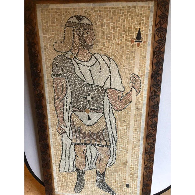 Gothic Italian Mosaic Tile Wall Plaque or Table Top of a Centurion in Wood Carved Frame For Sale - Image 3 of 8