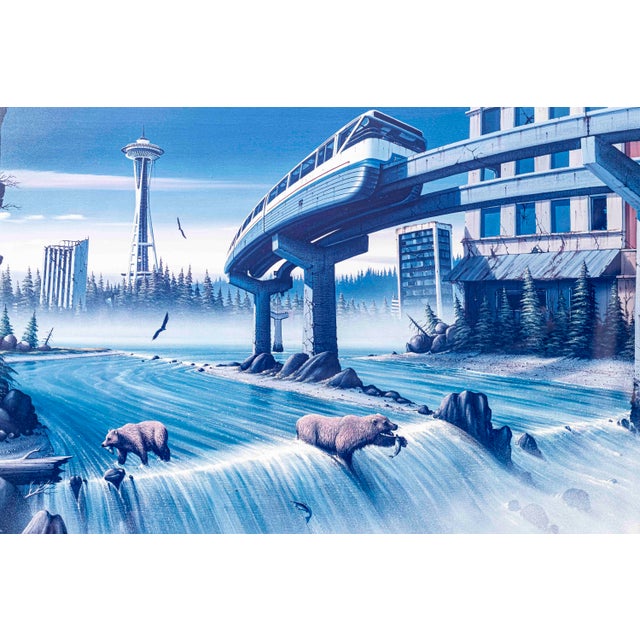 A wonderfully surreal limited-edition Seattle cityscape by Pacific Northwest artist Tim Wistrom, depicting the city...