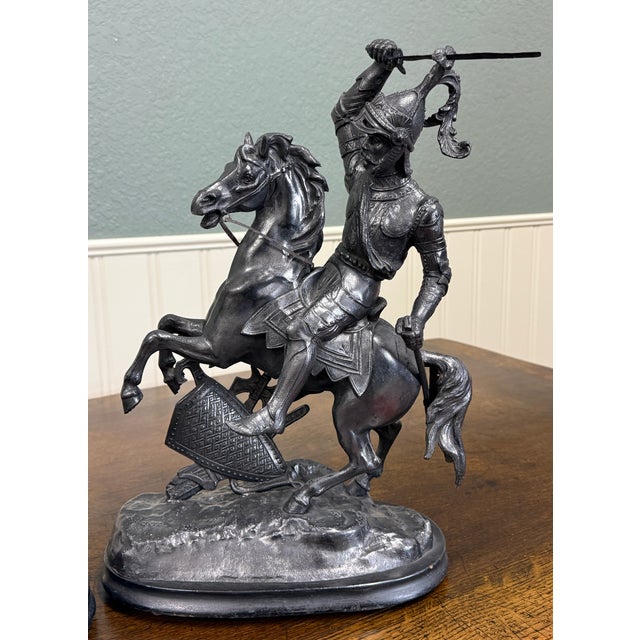 Antique French Pair of Patinated Spelter Sculptures Knights on Horseback For Sale - Image 10 of 16
