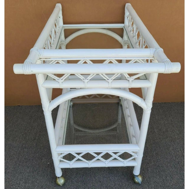 1970s Palm Beach Coastal Bamboo & Glass 2 Tier Dry Bar Serving Cart Trolley For Sale - Image 5 of 8