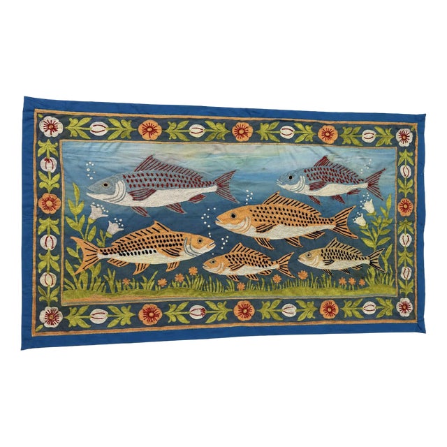Vintage Hand-Embroidered Cotton Silk Thread Art Wall Hanging wiith Fish Motif, 1970s For Sale