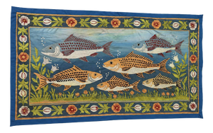 Vintage Hand-Embroidered Cotton Silk Thread Art Wall Hanging wiith Fish Motif, 1970s