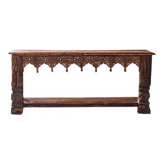Organic Long Console Rustic Brass Studs Handcrafted Entryway Table For Sale