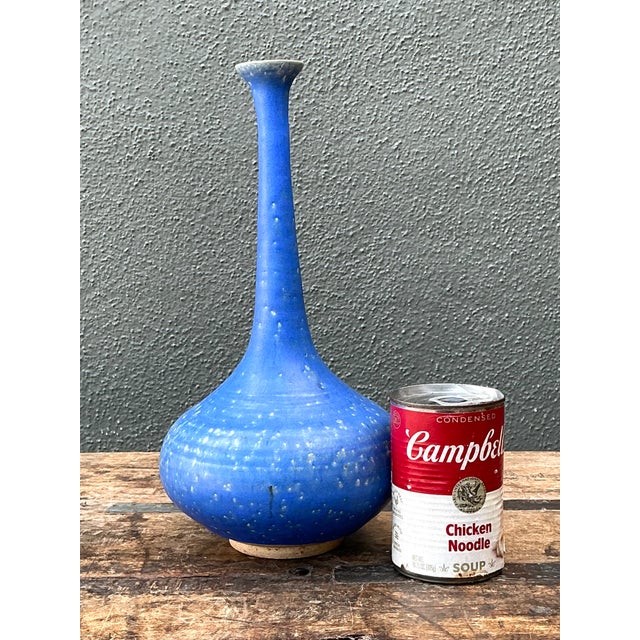 Vintage Tall Blue Ceramic Vase For Sale - Image 4 of 12