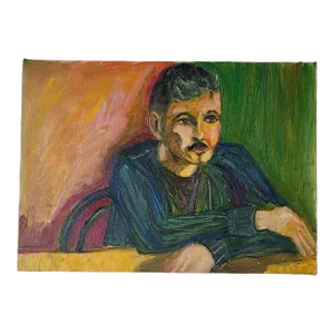 Fauvist Portrait Oil Painting of a Man Wearing Blue Sitting at a Table by Rosemary Rabut
