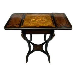 Antique Late 1800s French Style One Drawer Ebonized Legs, Burl Wood Marquerty, Musical Design Drop Side Top and Gilt Bronze Mounts.