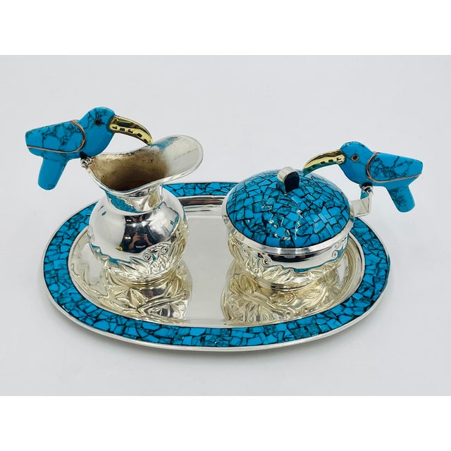 Silver 1960s Fajardo Taxco Silver Plate Brass Lapis Toucan Creamer Sugar Tray Set - 3pcs For Sale - Image 8 of 18