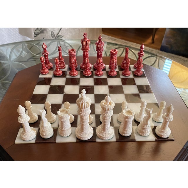Italfama Italian Alabaster Octagonal Chess Board With Drawer & 4.25" Wellington Special Edition Pieces (Includes Original 2017 Receipts & Coa) For Sale - Image 11 of 17