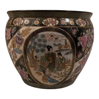Vintage Mandarin Family Porcelain Fishbowl Planter Chinese Vase Hand Painted For Sale