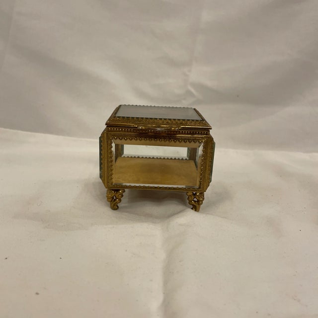 French Decorative Brass and beveled glass square jewelry casket. Great for display.