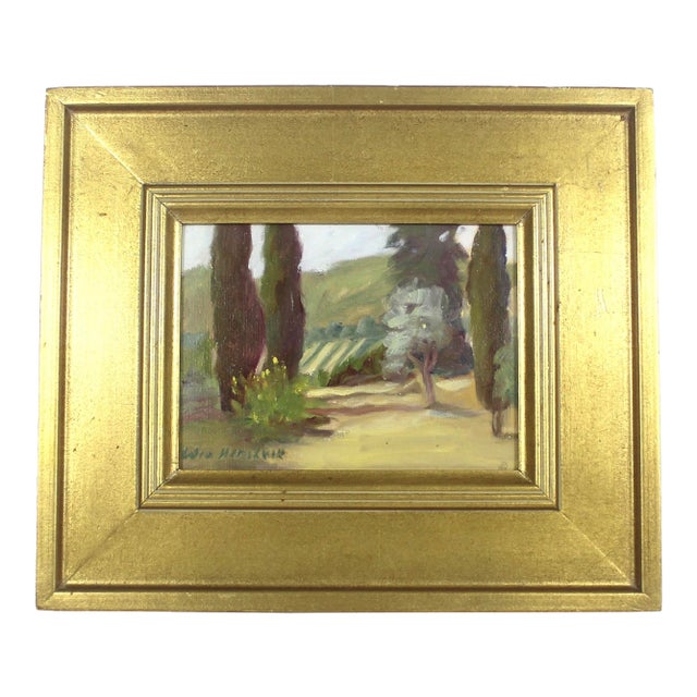 Vintage Oil Painting “Vineyard Country Tuscany” Signed by Artist Gilt Wood Frame For Sale